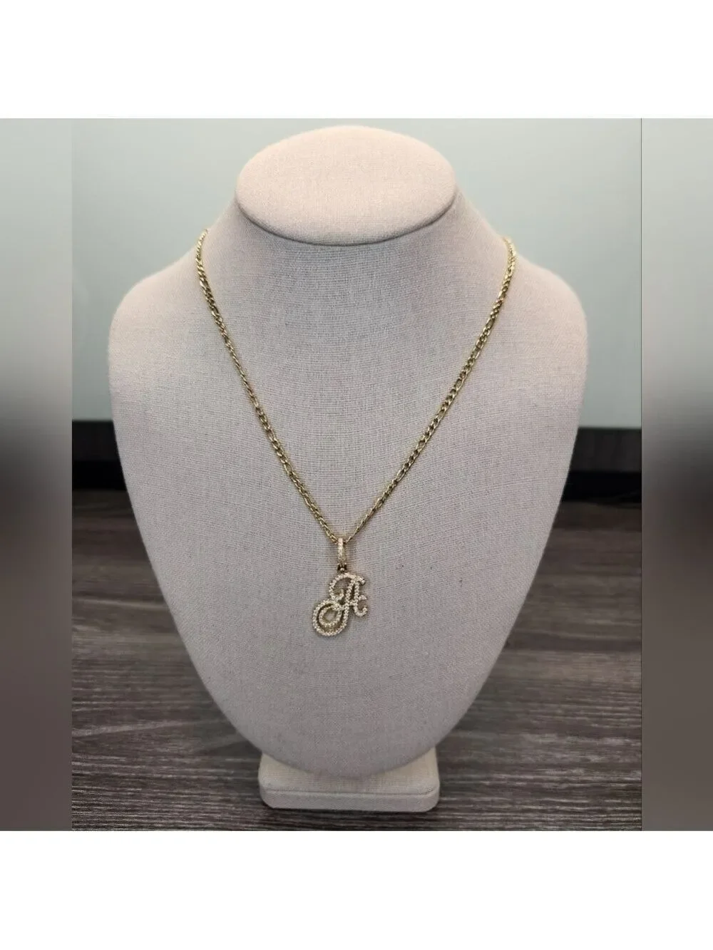 18k Gold Plated Simulated Diamond Script Letter Necklace, Figaro Style Chain.
